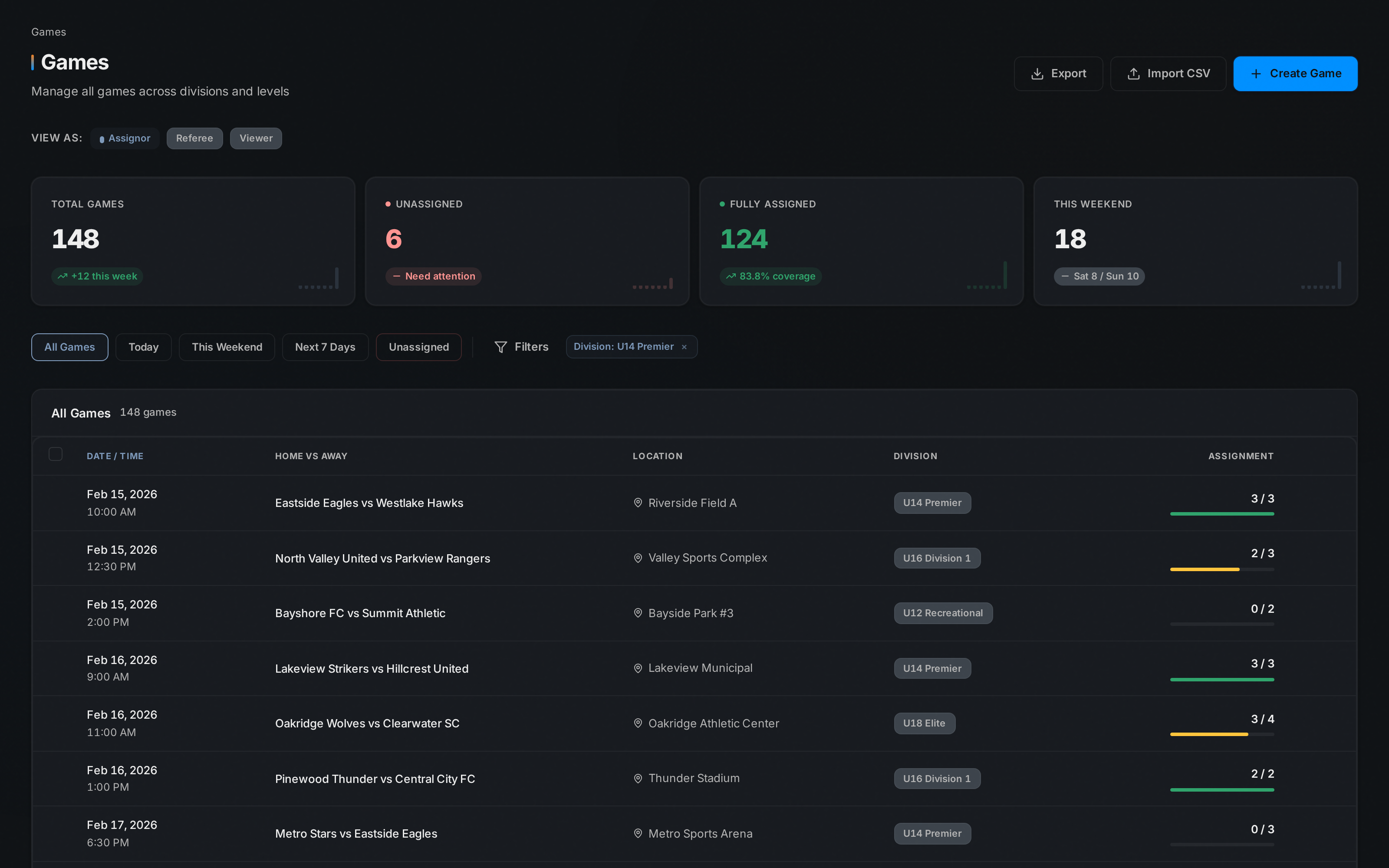 The games list — every game, status, and venue for the season in one view